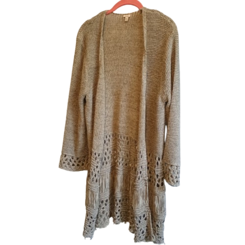 Reba Boho Crochet Fringe Knit Duster Cardigan Medium Neutral‎ Tan Festival... - Picture 3 of 12
